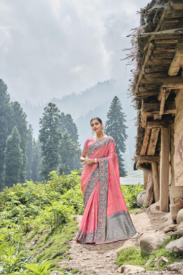 Grey Pink Pure Dola Silk Saree